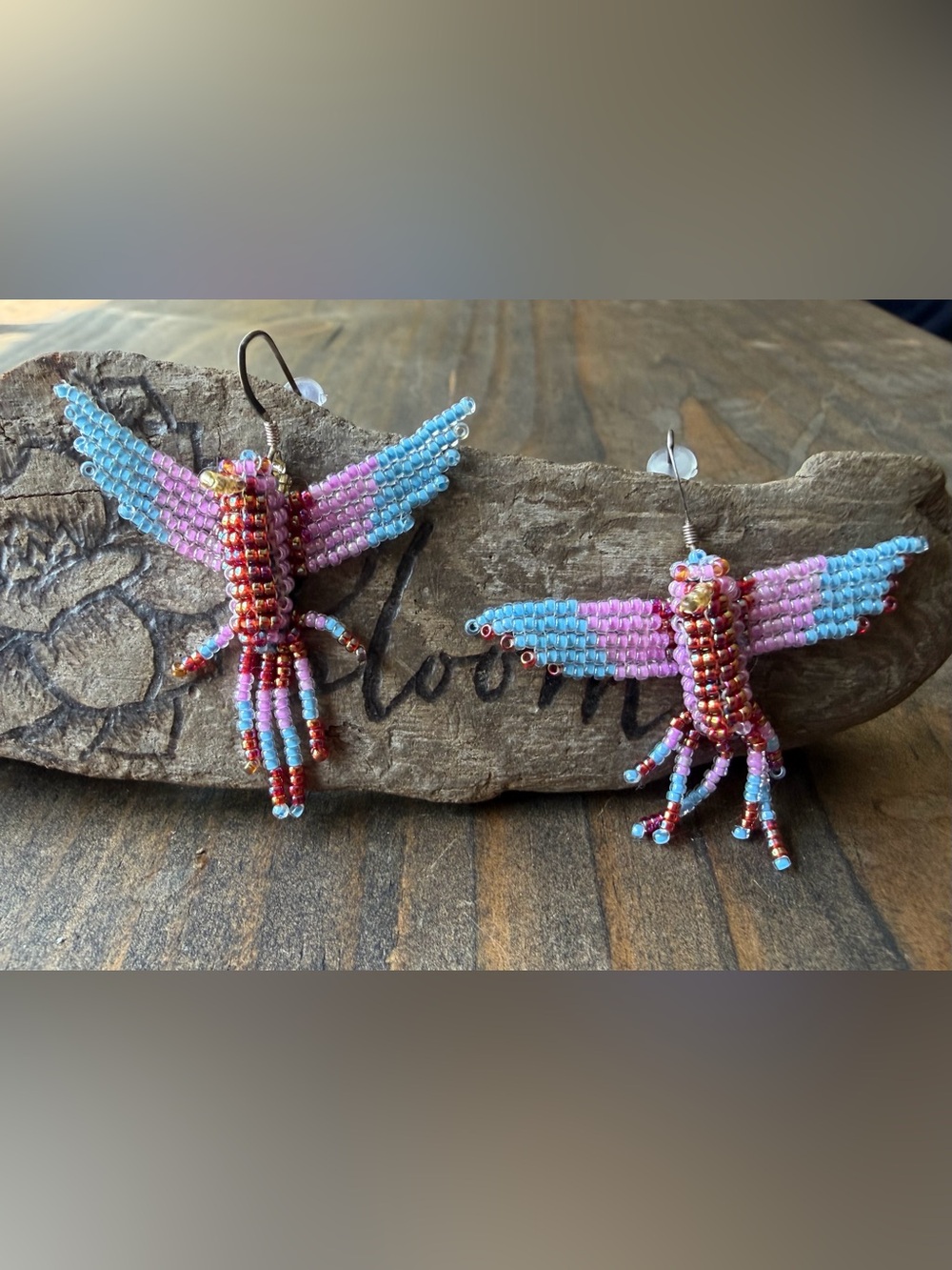 Handmade Pink & Blue Beaded Hummingbird Earrings